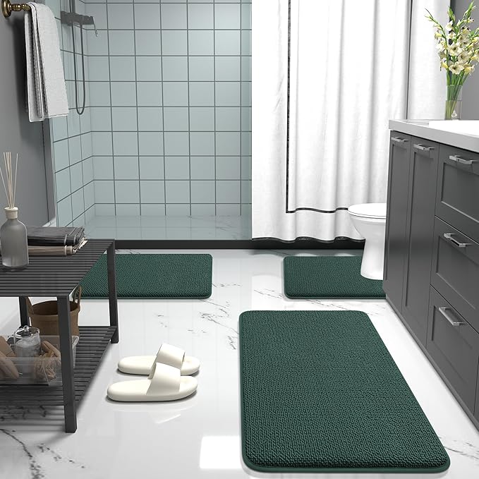 OLANLY Thick Memory Foam Bath Mats Rugs 47x17, Extra Soft Absorbent Bathroom Rug, Quick Dry Bath Mat, Non-Slip, Washable Carpet for Bathroom, Tub and Shower, Home Decor Accessories, Blackish Green