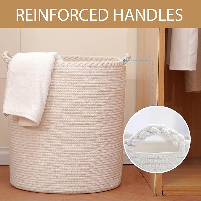 90L Oversize Woven Laundry Basket,Cotton Tall Laundry Hamper for Blankets,Clothes,Pillows,Toys,Shoes Large Laundry Bin White