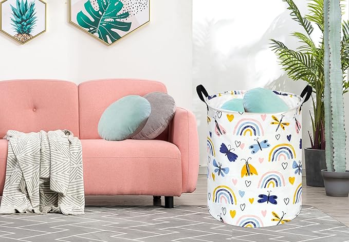 KUNRO Round Laundry Gift Basket Storage Hamper, Clothes Storage Organizer Bins, Shelf Basket with Handles for Room Decor (Dragonfly)