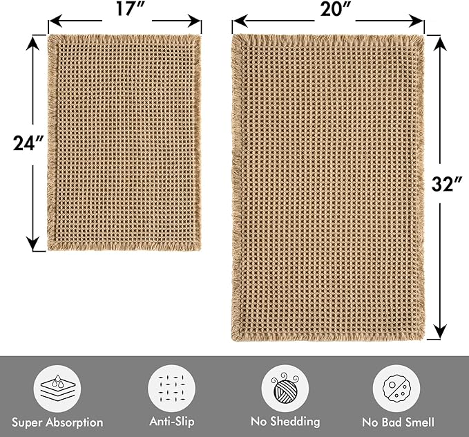 MIULEE Set of 2 Waffle Bathroom Rugs, Boho Bath Rugs Non Slip Washable, Super Absorbent Bath Mats, Ultra Soft Rubber Backed Shower Mats for Bathroom Floor, Tub, Brown, 17"x24"+20"x32"