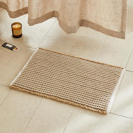 Waffle Bath Mat, Boho Bathroom Rugs Non Slip Washable Super Absorbent Quick Dry Bath Mat Farmhouse Bathroom Decor, 24"x16" Khaki and White