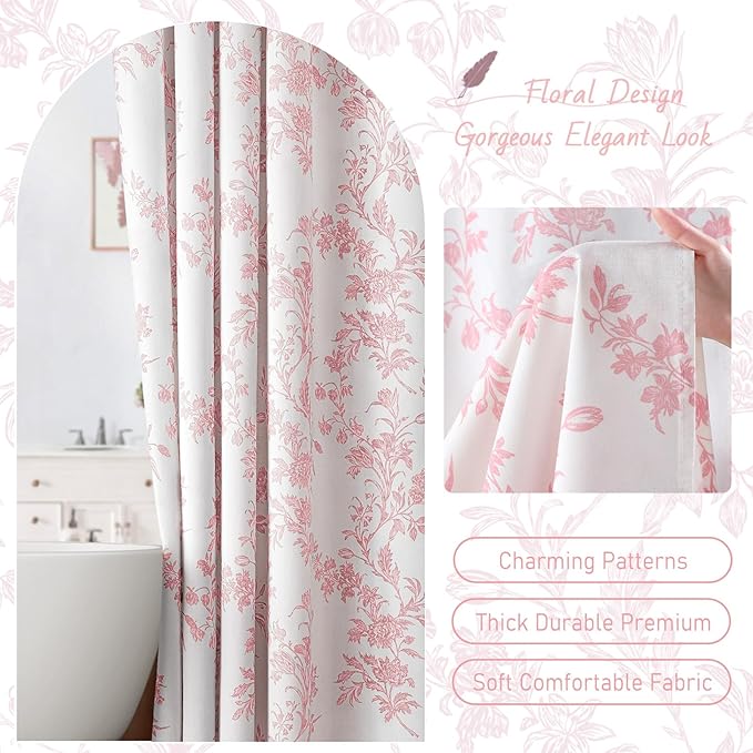 Pink Floral Shower Curtain,Vintage Cotton Cottagecore Shower Curtains for Bathroom, 60" W x 72" L