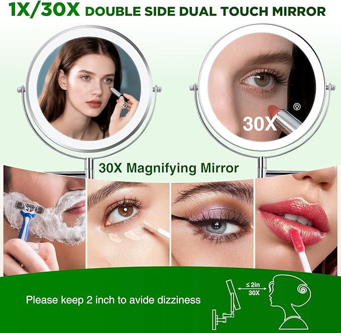30X Wall Mounted Makeup Mirror, 3 Color Modes & Adjustable Light, Bathroom Vanity Makeup Mirror with 360 Rotation Extendable Swivel Arm,Double Side Magnifying Mirror - Chrome