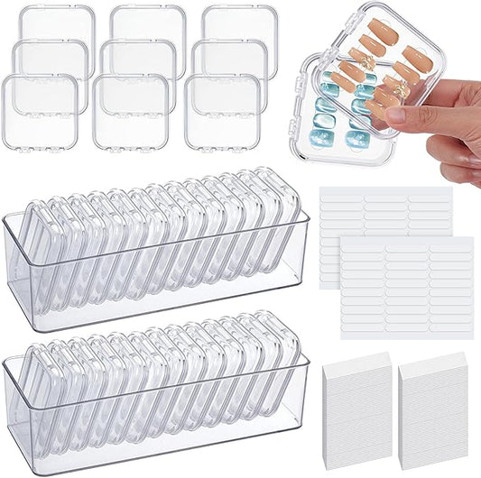 26PCS Press on Nail Storage Box with 2 Big Storage Boxes 60 Adhesive Double Sided Tape 100 Acrylic Nail Display Board Plastic Nail Display Box Fake Nail Case Clear Nail Packaging Boxes