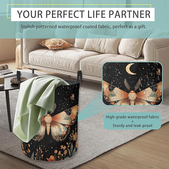 Starry Night Moths Butterfly Round Laundry Basket Collapsible Laundry Hamper with Handles Toys Clothes Organizer Bin For Home Bathroom Bedroom Dorm Nursery
