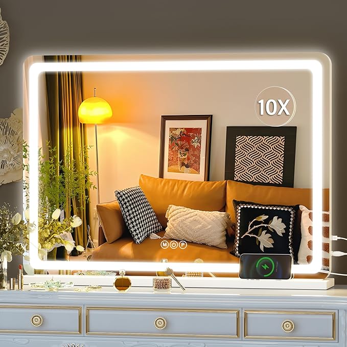 Hasipu Vanity Mirror with Lights, 27.6" x 20" LED Makeup Mirror, Lighted Makeup Mirror with Dimmable 3 Modes, Touch Screen Control Vanity Mirror Round White
