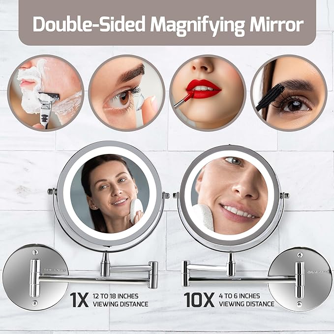 OVENTE Wall Mounted Lighted Makeup Mirror, 7" Double Sided 1X/10X Magnifying Vanity Mirror for Bathroom with LED Lights, Cordless, 360° Rotation and 13" Extendable Arm, Polished Chrome MFW70CH1X10X