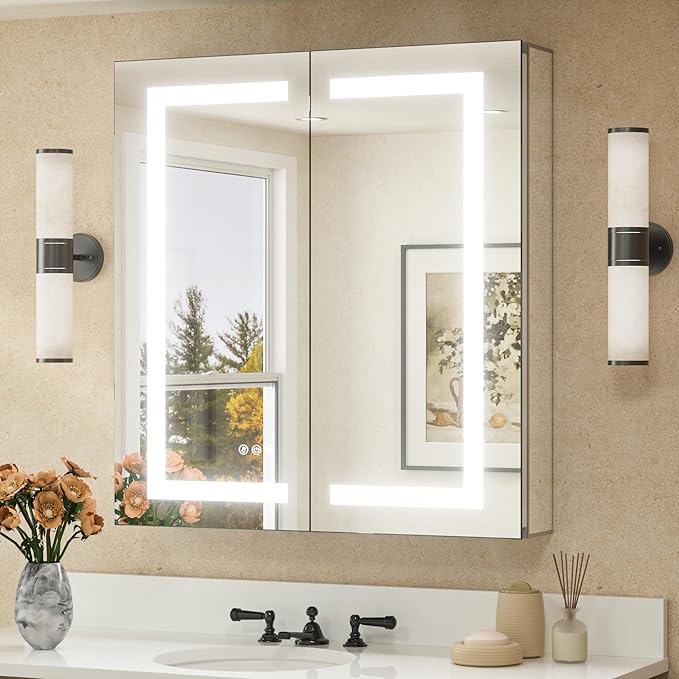 TETOTE 30 x 32 Lighted Medicine Cabinet Mirror for Bathroom with LED Lights, 2 Door Tempered Glass Recessed or Surface Mount Mirrored Cabinet, Outlets & USB, 3-Color Dimming, Defog, Adjustable Shelf