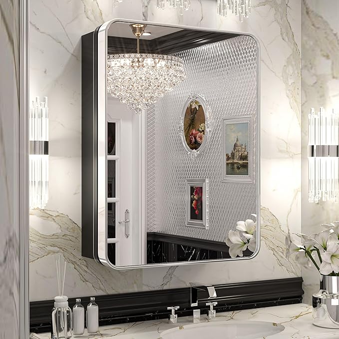 Keonjinn 20 x 26 Inch Chrome Recessed Medicine Cabinets, Mirrored Bathroom Medicine Cabinet, Elegant Stainless Steel Framed, Stepless Adjustable Shelves, In Wall or Surface Mount, Soft Closing, Modern