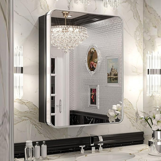 Keonjinn 20 x 26 Inch Chrome Recessed Medicine Cabinets, Mirrored Bathroom Medicine Cabinet, Elegant Stainless Steel Framed, Stepless Adjustable Shelves, In Wall or Surface Mount, Soft Closing, Modern