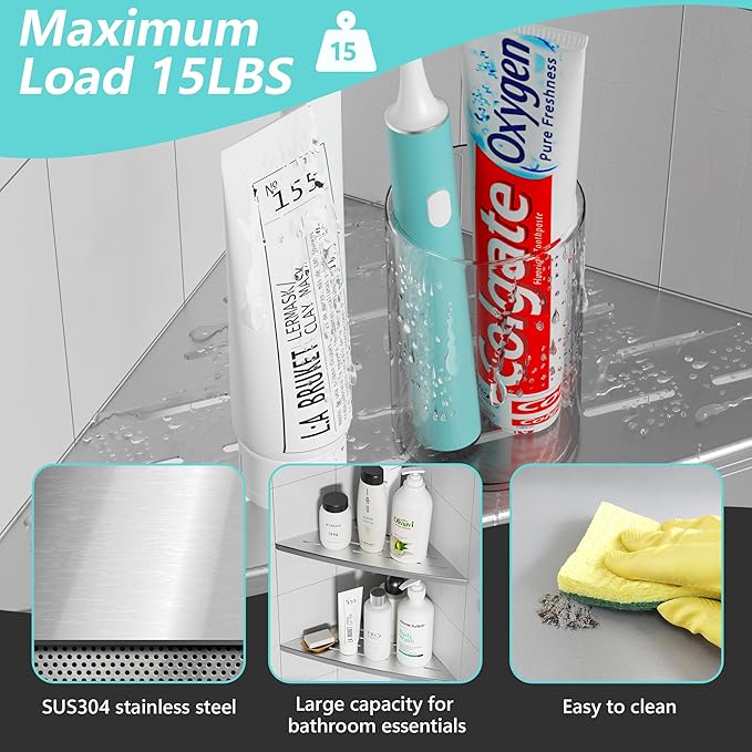 Qeke Corner Shower Shelf Brushed Nickel, 304 Stainless Steel 11.5” Recessed Corner Shelf Bathroom for Tiled Wall, Floating Shower Shelves Shampoo Holder, No Drilling, 2 Pack