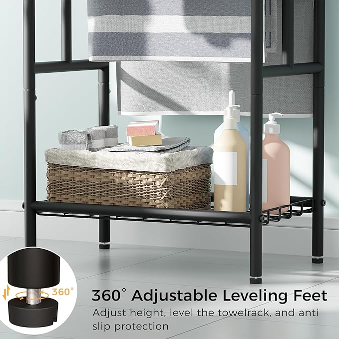 Free Standing Towel Racks for Bathroom, 3-Layer Towel Drying Rack with Storage Rack, Black Metal Pool Towel Rack Outdoor, 12" W x 25.8" L x 39.4" H, UXJMJ002B