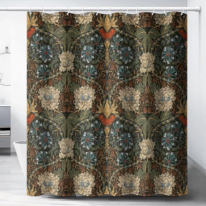Retro Flower Shower Curtains William Morris Vintage Country Boho Flower Art Print Shower Curtains 66""×72"" Inch, Style-1