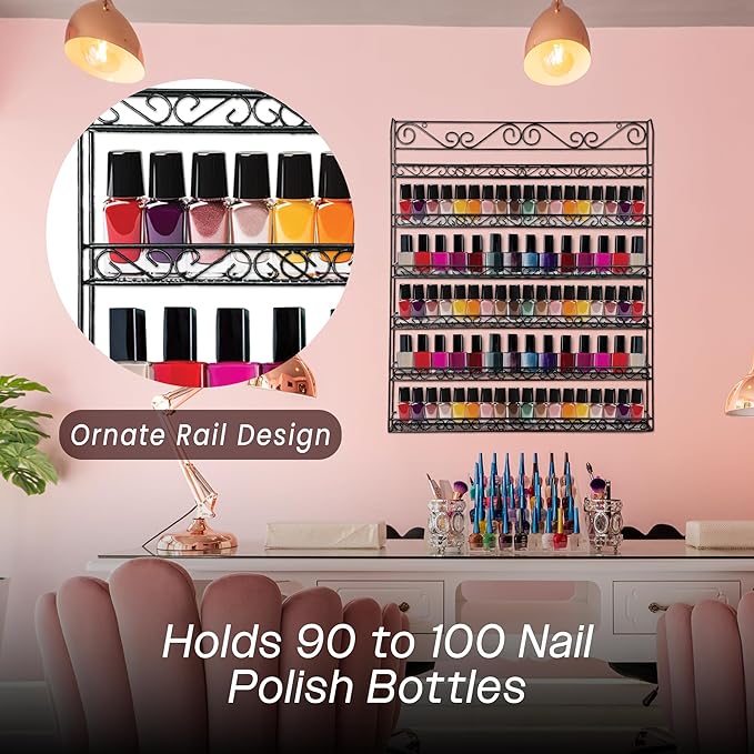 PANA Professional Wall-Mounted BLACK Metal Frame Nail Polish Display Rack Organizer - Holds Up to 100 Bottles - Perfect for Gift Home Salon Office Use