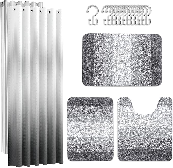 Britimes Grey Stripes Bathroom Sets with Shower Curtain and Rugs, Ombre Modern Abstract Vintage Waterproof Shower Curtain Liner and Soft Non Slip Bath Mat for Bathroom Decor and Accessories Hooks