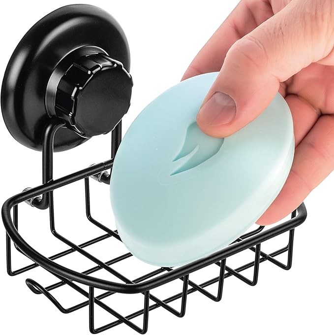 HASKO accessories Suction Soap Dish with Hooks - Super Powerful Vacuum Suction Cup Shower Soap Holder - Rustproof Stainless Steel SS304 Soap Basket - Sponge Holder for Bathroom & Kitchen (Black)