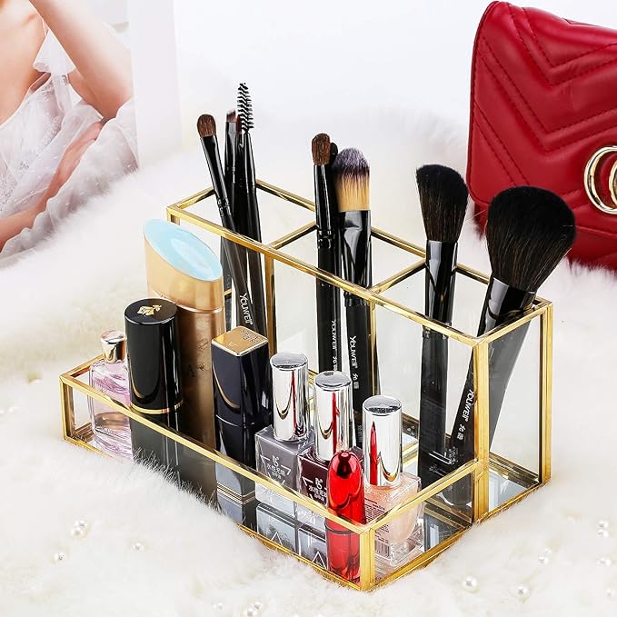 Makeup Brush Holder, Handcrafted Clear Glass Cosmetic Brushes Organizer Nordic Style Elegant Pen Pencil Holder Decoration Make up Brushes Holder with 4 Compartment for Vanity Bathroom Bedroom Office