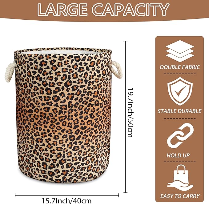 Leopard Print Laundry Basket with Handles Collapsible Laundry Hamper Waterproof Toy Organizer Funny Dirty Clothes Hamper for College Dorm Bathroom Bedroom