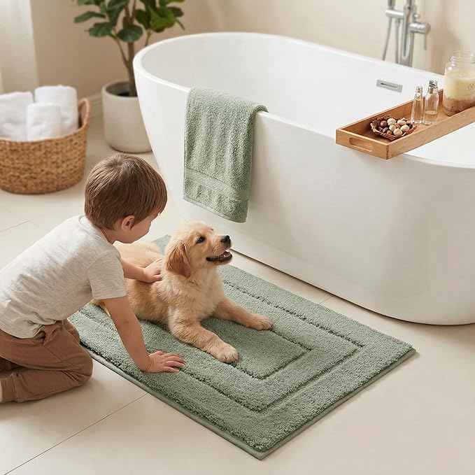 GRANNY SAYS Bathroom Rugs and Mats, 16" x 24" Non-Slip Bath Mat for Bathroom, Super Soft Absorbent Microfiber Bath Rug, Machine Washable and Dry, Small Light Green Rug for Shower, Tub and Bath Floor