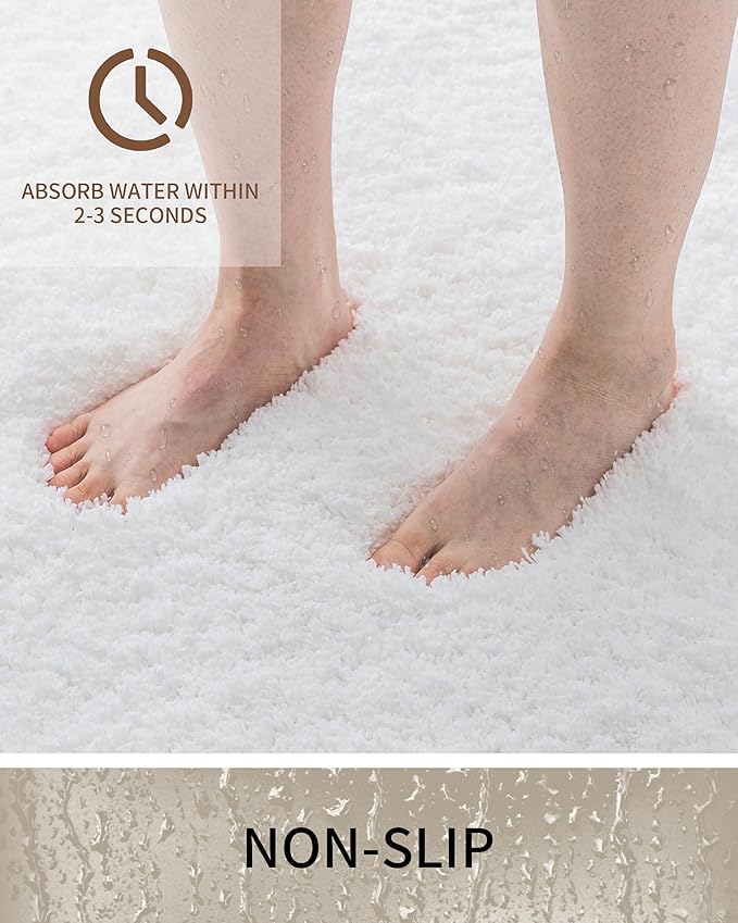 Bathroom Rugs Non Slip Washable, Ultra Thick Soft Microfiber Absorbent Bath Mats, High Density Foam Latex Non Slip Backing Bath Rugs, Fluffy Floor Carpet for Tub&Shower 24x17, White