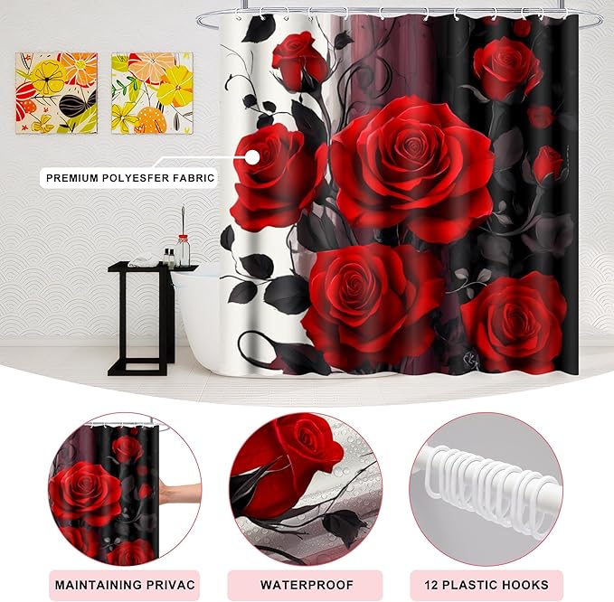 Poedist 4 Pcs Bathroom Shower Curtain Set,Red Black Rose Bathroom Set, Shower Curtain Sets with Rugs(Bath Mat,U Shape and Toilet Lid Cover Mat) and 12 Hooks