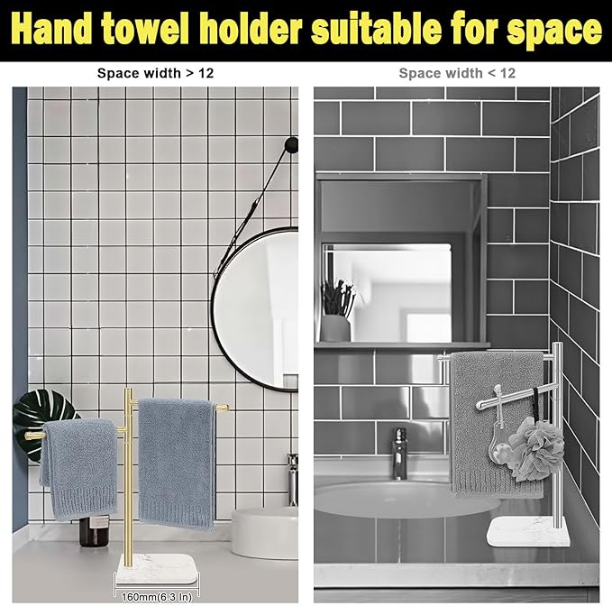 Standing Hand Towel Holder, Hand Towel Stand with Marble Base, 304 Stainless Steel Towel Rack with 2 Swivel Arm, Countertop Stand Towel Ring Towel Bar for Bathroom (Gold)