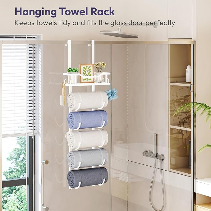 SWTYMIKI Over the Door Towel Rack - 6 Tier Towel Racks for Bathroom Wall Mounted, Towel Holder with Shelf, Hanging Rolled Towel Storage Organizer for Small Bathroom, Camper, RV, White