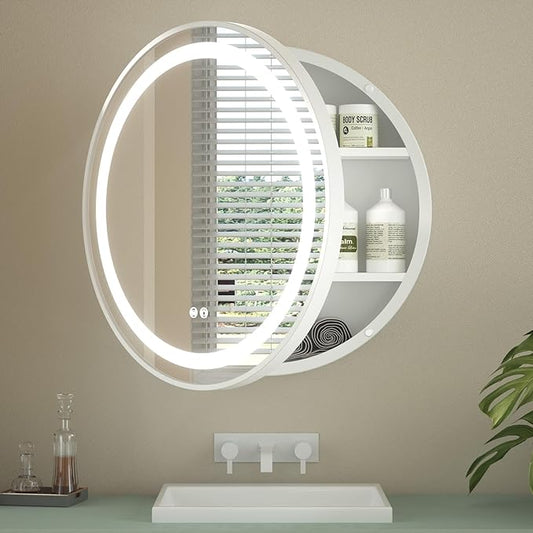 Keonjinn Round LED Medicine Cabinet 24 Inch, White Lighted Medicine Cabinet for Bathroom with Mirror, Circle, Electrical Outlet, 3 Color Lights, Anti-Fog, Dimmable, Surface Mount Only