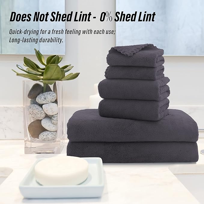 MOONQUEEN Ultra Soft Towel Set-Quick Drying-2 Bath Towels 2 Hand Towels 2 Washcloths - Microfiber Coral Velvet Highly Absorbent Towel for Bath Fitness, Bathroom, Sports, Yoga, Travel(Dark Grey, 6 Pcs)