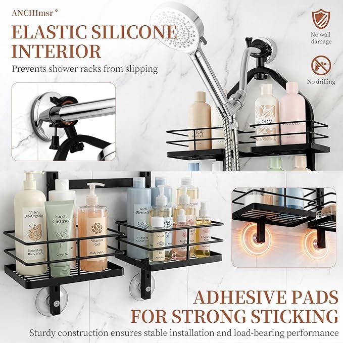 Adjustable Hanging Shower Caddy for Handheld Showerhead, 3-Tier Rustproof Shower Rack Baskets, Anti-Swing Hanging Shower Organizer for Bathroom Storage with 2 S-Hooks, Large Capacity, Black