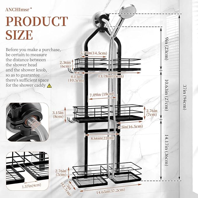 Adjustable Hanging Shower Caddy for Handheld Showerhead, 3-Tier Rustproof Shower Rack Baskets, Anti-Swing Hanging Shower Organizer for Bathroom Storage with 2 S-Hooks, Large Capacity, Black
