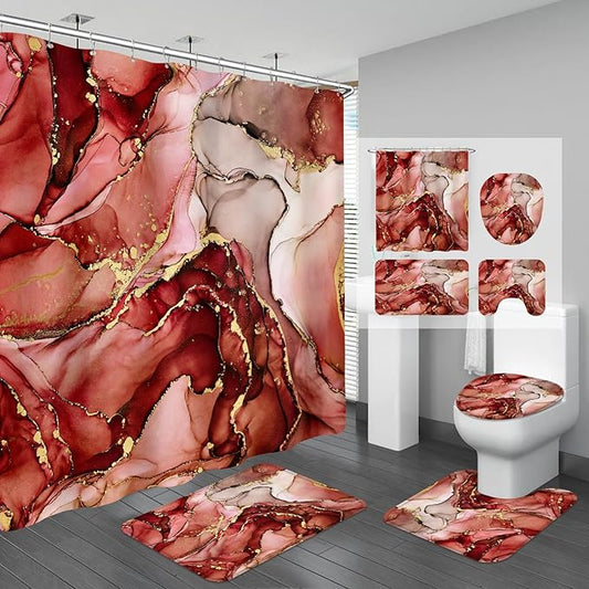 4PCS Burgundy Red Marble Shower Curtain Sets with Rugs, Abstract Bathroom Sets with Shower Curtain Rugs, Luxury Bathroom Curtains Shower Set with Toilet Lid Cover Modern for Bathroom Decor