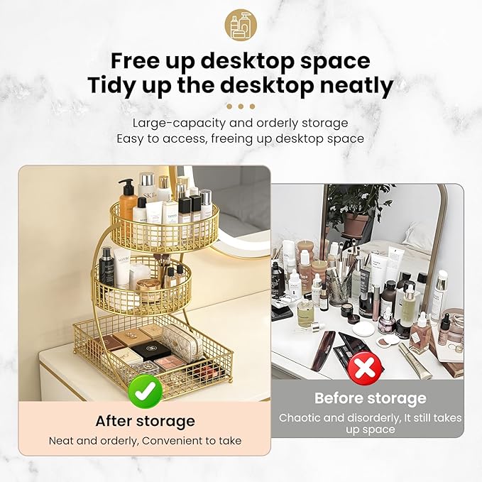 Makeup Organizer Countertop for Vanity, 3 Tier Metal Bathroom Countertop Organizers Skincare Storage Holder Perfume Cosmetic Display, Multi-Use Storage Rack for Bedroom & Kitchen (White(Round))