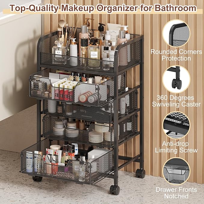 Makeup Cart Organizer with 4 Drawers, Vanity Storage Organizer, Large Floor Skincare Organizers Cosmetics Display Cases for Skin Care Perfume Nail Polish, Black