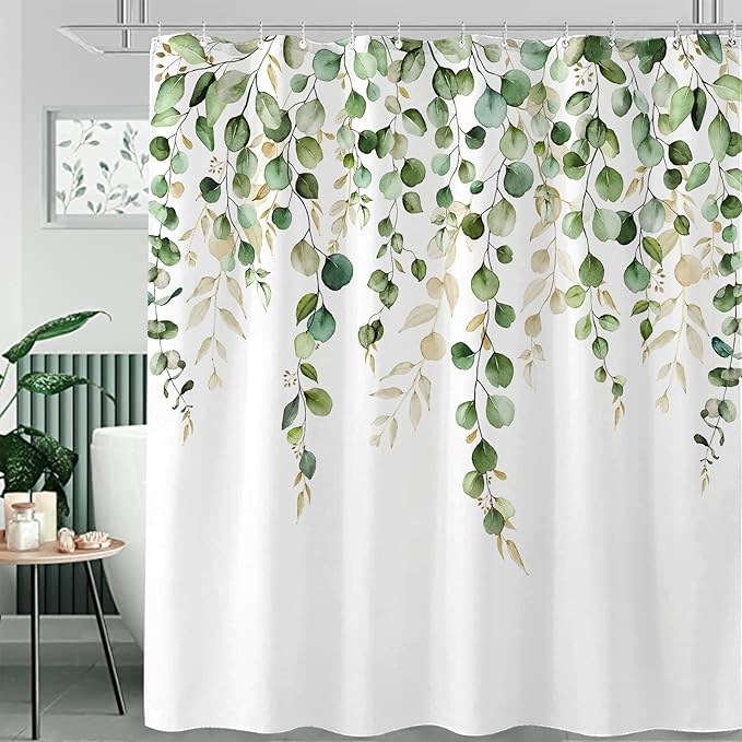 kampdream Green Eucalyptus Leaves Shower Curtain, Watercolor Plant On The Top Shower Curtain, Sage Green Spring Botanical Bathroom Curtain 72 ×72 Inch