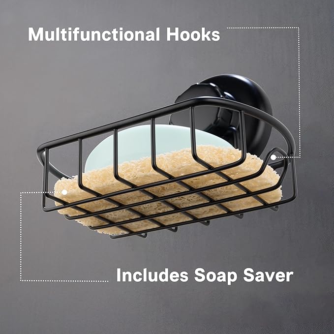 HASKO accessories Suction Soap Dish with Hooks - Super Powerful Vacuum Suction Cup Shower Soap Holder - Rustproof Stainless Steel SS304 Soap Basket - Sponge Holder for Bathroom & Kitchen (Black)