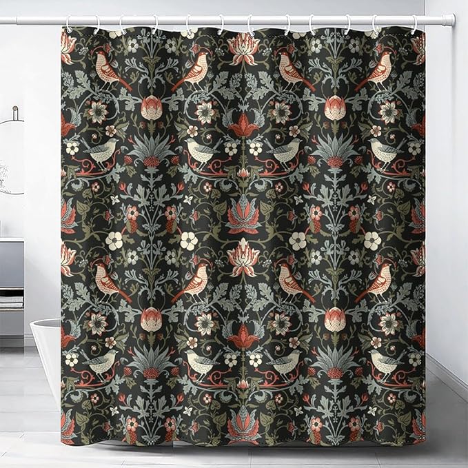 Boho Shower Curtain William Morris Art Print Retro Bird Plant Natural Flower Pattern Print Shower Curtains 72""×72"" Inch, Style-2