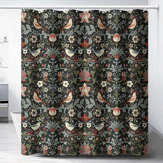 Boho Shower Curtain William Morris Art Print Retro Bird Plant Natural Flower Pattern Print Shower Curtains 72""×72"" Inch, Style-2