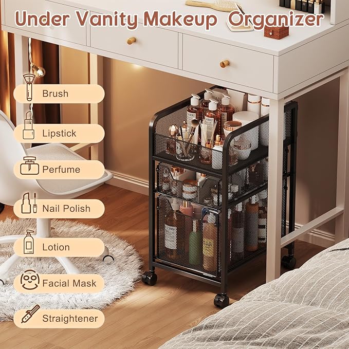 Rolling Makeup Cart Organizer with 2 Drawers, Narrow Floor Skincare Organizers, Vanity Organizer Cosmetics Display Cases Holder for Skin Care Nail Polish Perfume Makeup Brush, Black