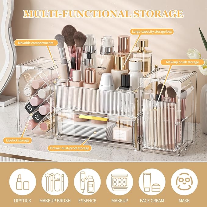 INVSSENE Stackable Makeup Organizer Countertop, Storage Perfume Skincare Cosmetic Lipstick Face Mask Makeup Brush Palettes, Ideal for Vanity Bathroom Counter