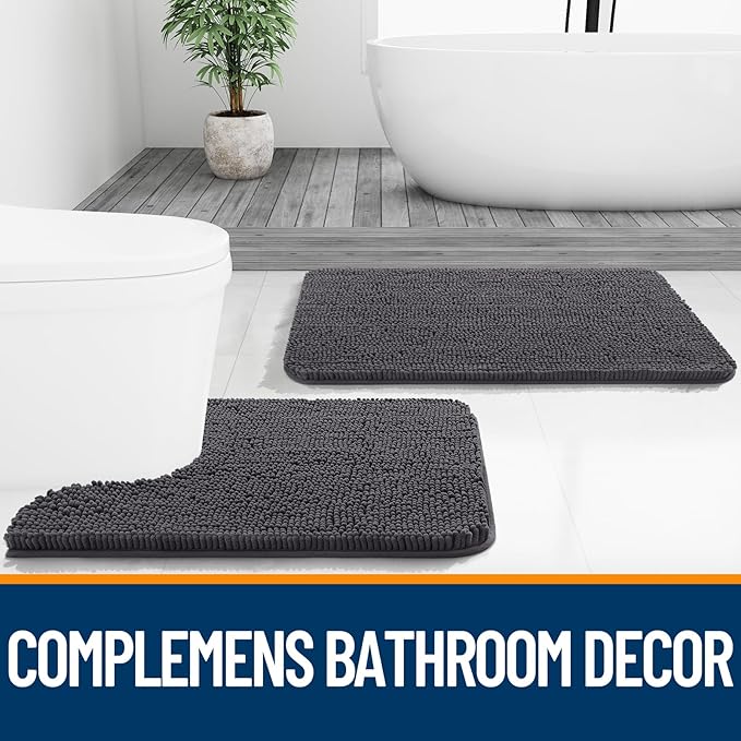 OLANLY Bathroom Rugs 35x24, Extra Soft Absorbent Chenille Bath Rugs, Rubber Backing Quick Dry, Machine Washable Bath Mats for Bathroom Floor, Tub and Shower, Home Decor Accessories, Dark Grey