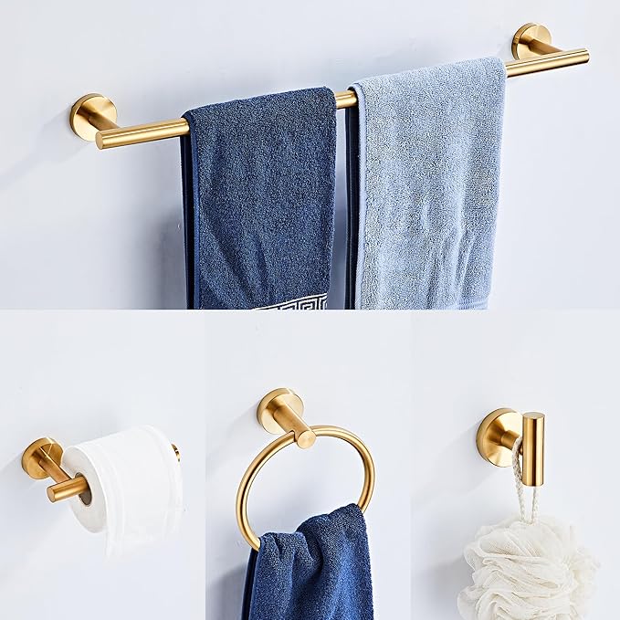 Brushed Gold Bathroom Hardware Set 5 Piece with Towel Racks for Bathroom, SUS304 Stainless Steel Bath Towel Bar Set, 24 Inch Wall Mounted Accessories Kit…