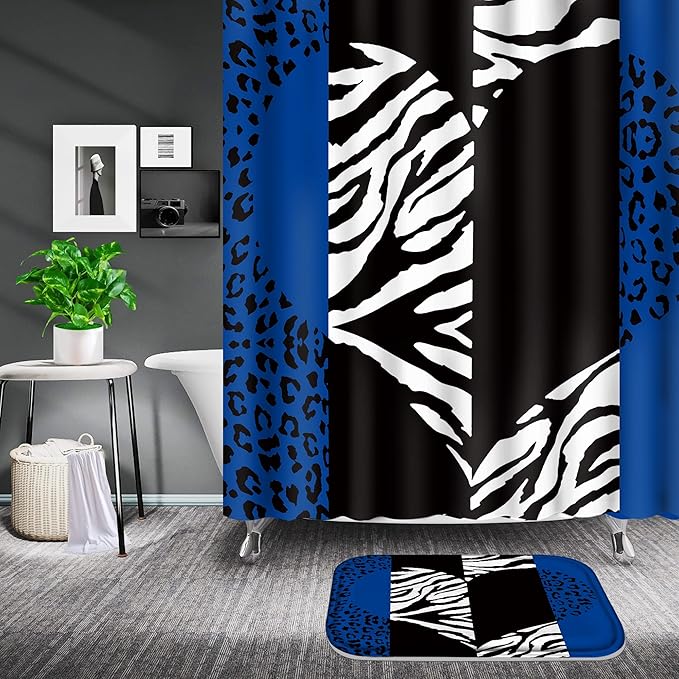 Poedist 4 Pcs Bathroom Shower Curtain Set,Blue Leopard Print Shower Curtain Bright Style Shower Curtain Sets with Rugs(Bath Mat,U Shape and Toilet Lid Cover Mat) and 12 Hooks