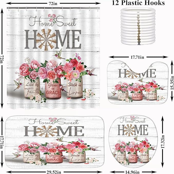 ALEXEX 4 PCS Red Rose Peony Shower Curtain Sets,Home Sweet Bathroom Set with Shower Curtain and Rugs and Accessories,Farmhouse Country Shower Curtain Bathroom Decor with 12 Hooks,72 X 72 Inches
