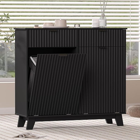 Wodeer Double Tilt Out Laundry Hamper Cabinet with 2 Drawers & Baskets, 20 Gallon Fluted Hidden Trash Can Cabinet, Farmhouse Wood Laundry Storage Cabinets for Bathroom, Kitchen, Black