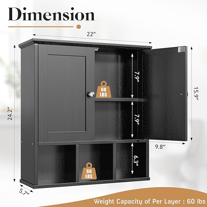 Meilocar Bathroom Wall Cabinet, Bathroom Cabinet Wall Mount with 2 Doors and 3 Open Shelves, Over The Toilet Wood Medicine Cabinets for Laundry Room, Black