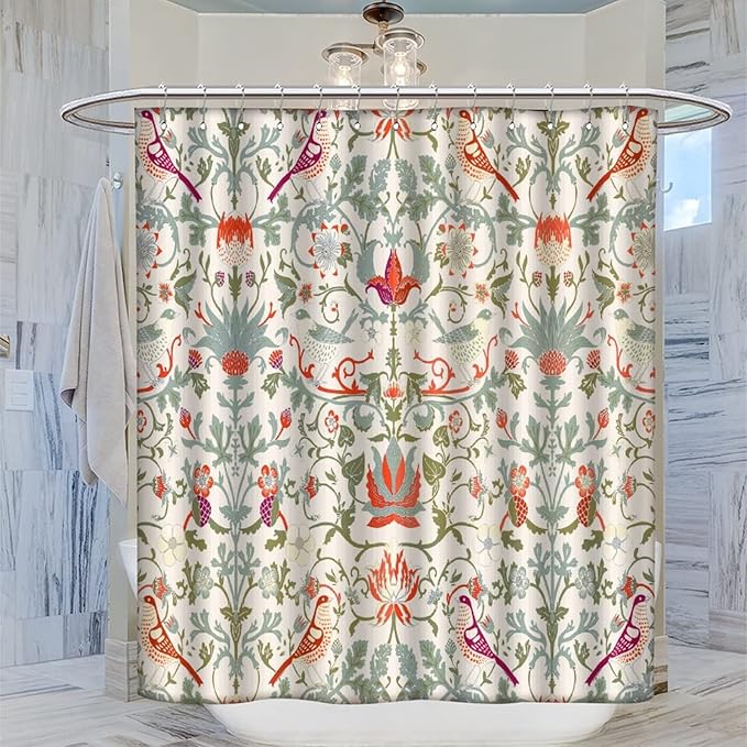 Bohemia William Morris Art Fabric Shower Curtain,Abstract Retro Mid Century Boho Floral Bird Hotel Quality,Machine Washable,72L x66W for Bathroom.