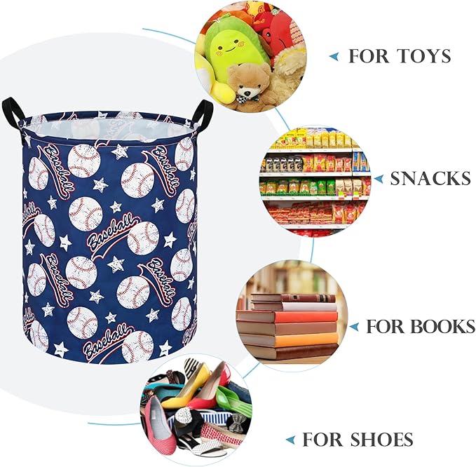 Round Baseball Pattern Laundry Hamper Clothes Storage Basket Fabric Storage Hamper Organization Storage Bin, Nursery Box,Gift Basket with Handles