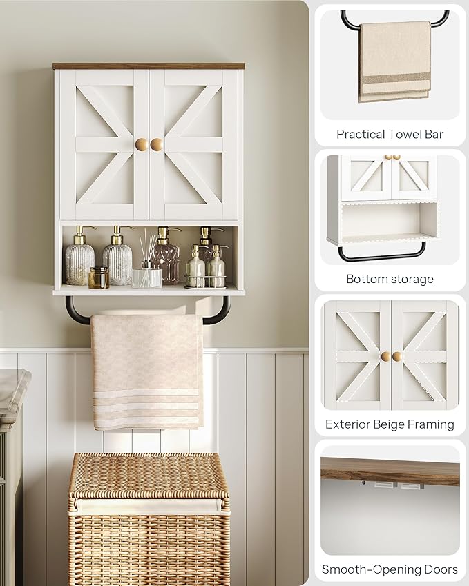 CHOEZON Bathroom Wall Cabinet, Medicine Cabinet with Open Partition and Towel Bar, Rustic Storage Cabinet with Open and Hidden Storage Space, for Bathroom, Living Room, Kitchen, White and Walnut