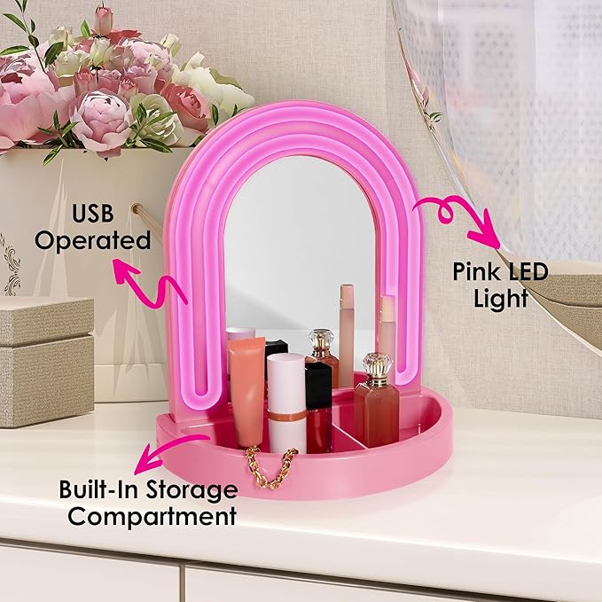 LED Vanity Mirror with Tray, for Desk, Dressing Table, Light Up Mirror for Makeup, Dorm Desk Vanity Mirror with Lights, Pink